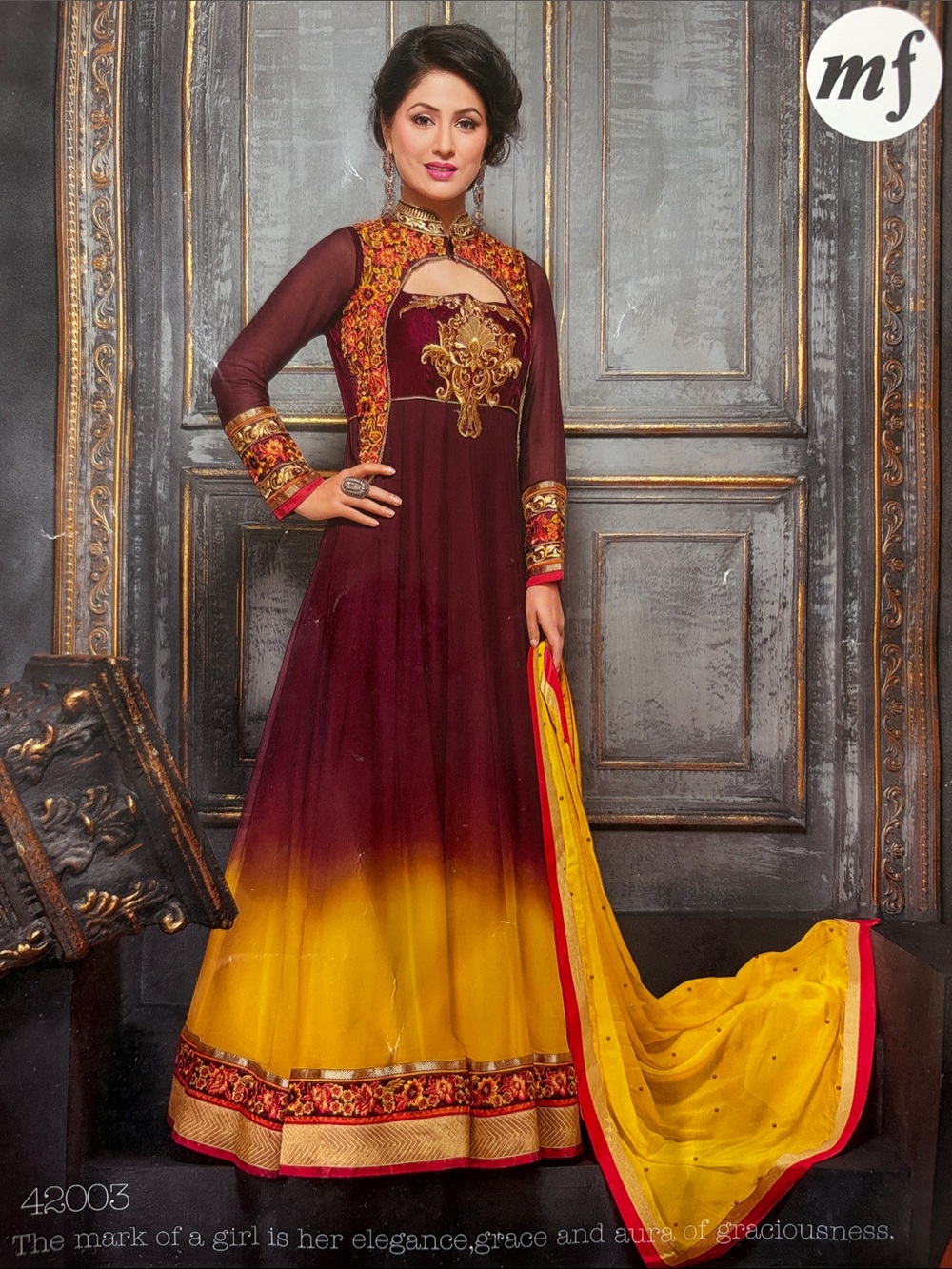 Salwar Kameez Anarkali Indian Pakistani Maroon Yellow Embroidered designer suit